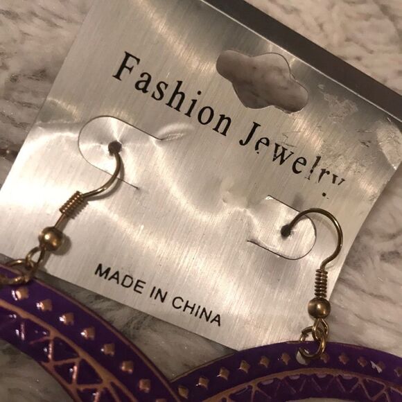 Oversized Purple and Gold Circle Earrings - Picture 5 of 6